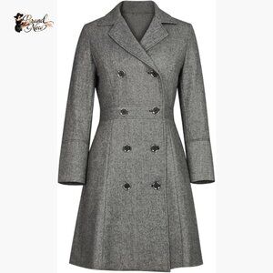 Wool Herringbone Coat with Polyester Lining, Button Closure, Side Pockets